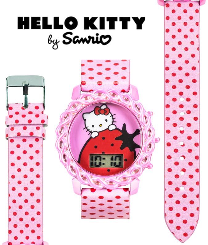 Hello Kitty Kids Digital Watch with LED Display, Pink Polka Dot PU Leather Strap, Adorable Strawberry Design, Fun Light-Up Feature, Durable & Adjustable Fit for Wrist Sizes 5.5" to 8"4