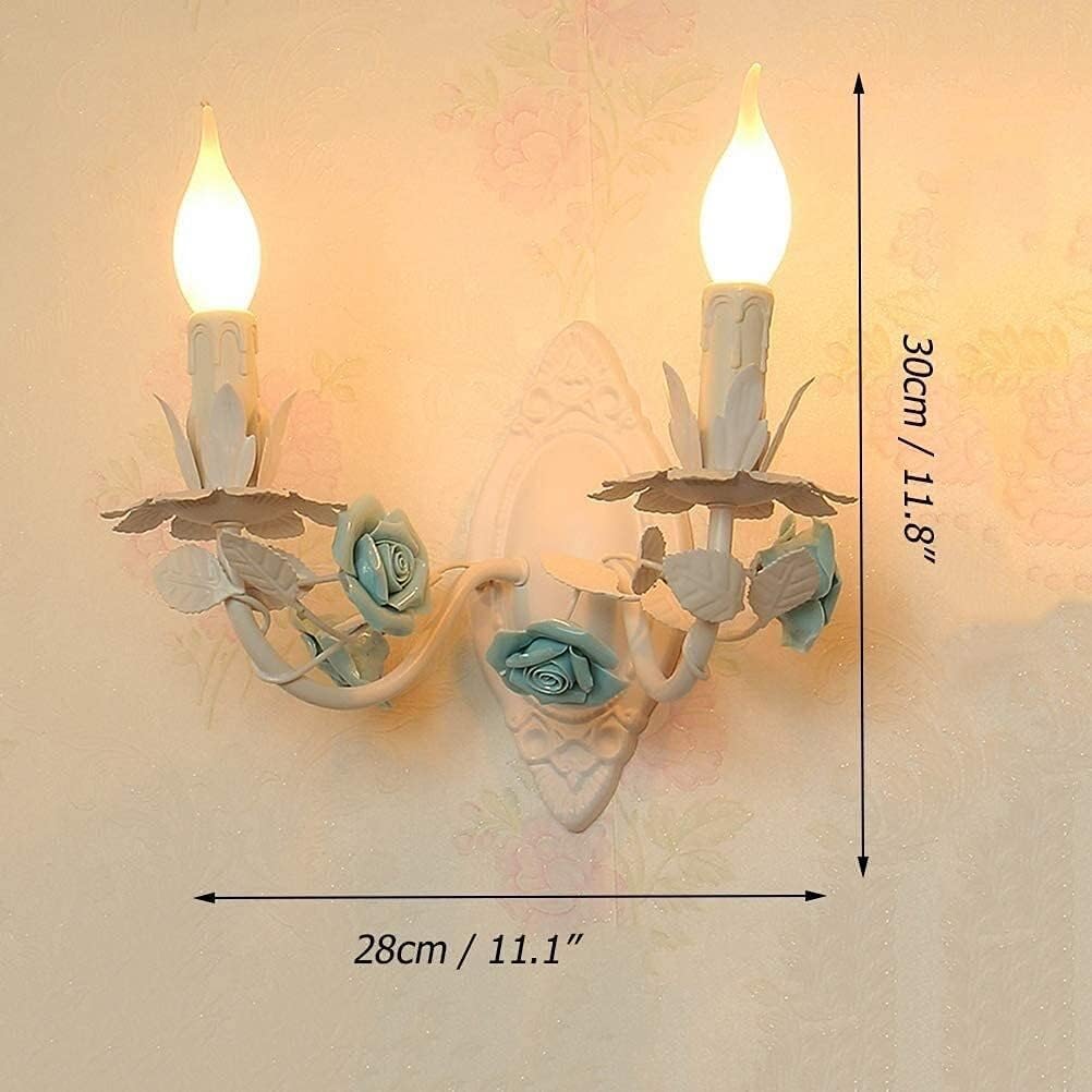 Modern Light Luxury French Country Wall Sconce Light 2 Double Pink Rose Flower Wall Lights for Bedroom Antique White Nordic Modern Bedside Wall Lamp for Headboard Kids Girls Room Porch