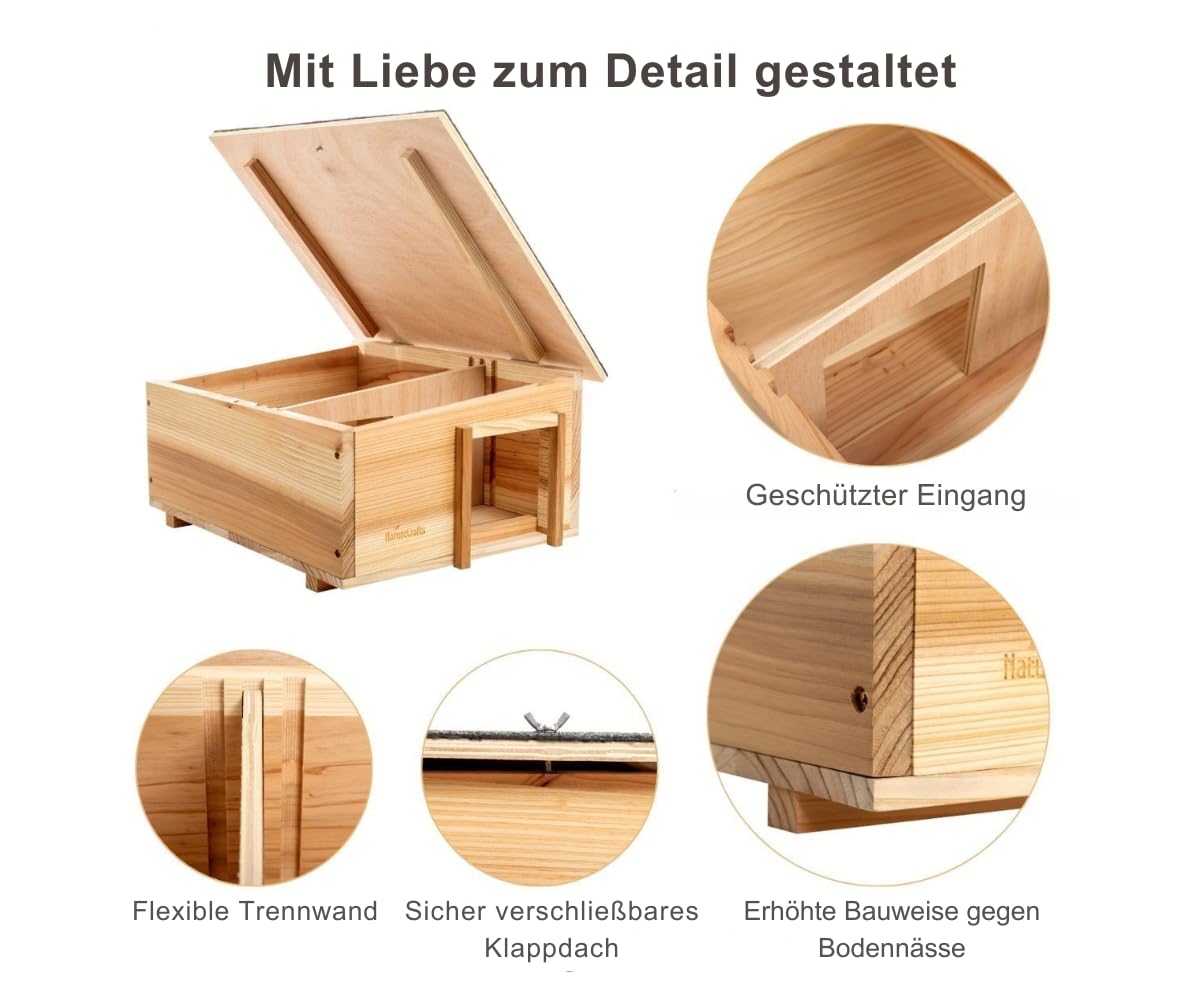 NatureCrafts, casetta per ricci di alta qualità, impermeabile, con fondo e pareti spesse 1,5 cm e doppia ventilazione, labirinto regolabile con tunnel walk-in legno, casa invernale da giardino, 45 x