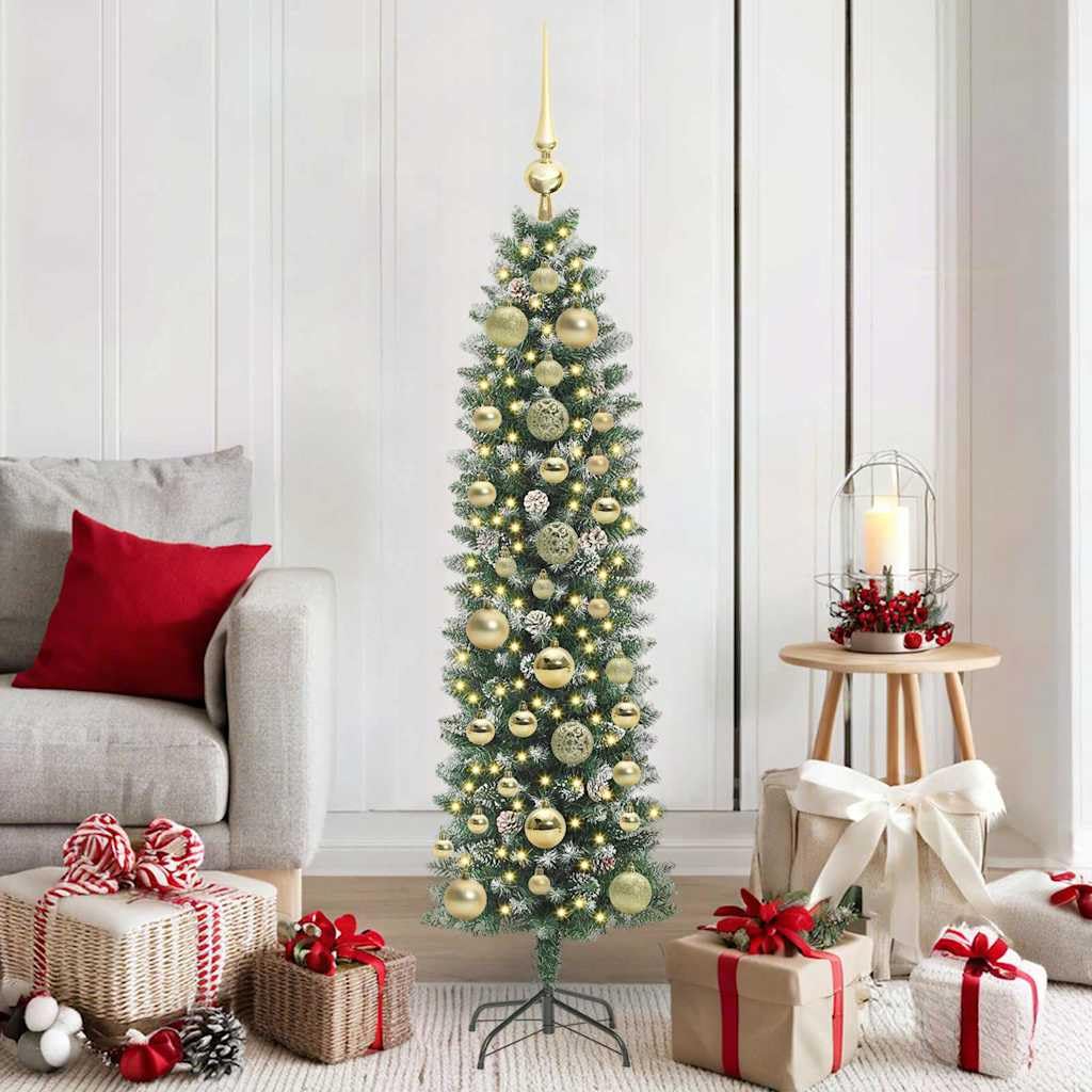 Albero di Natale artificiale sottile, verde e bianco, altezza 150 cm, con 266 punte in PVC, 150 LED a luce bianca calda e 8 modalità lampeggiante, alimentato USB per interni