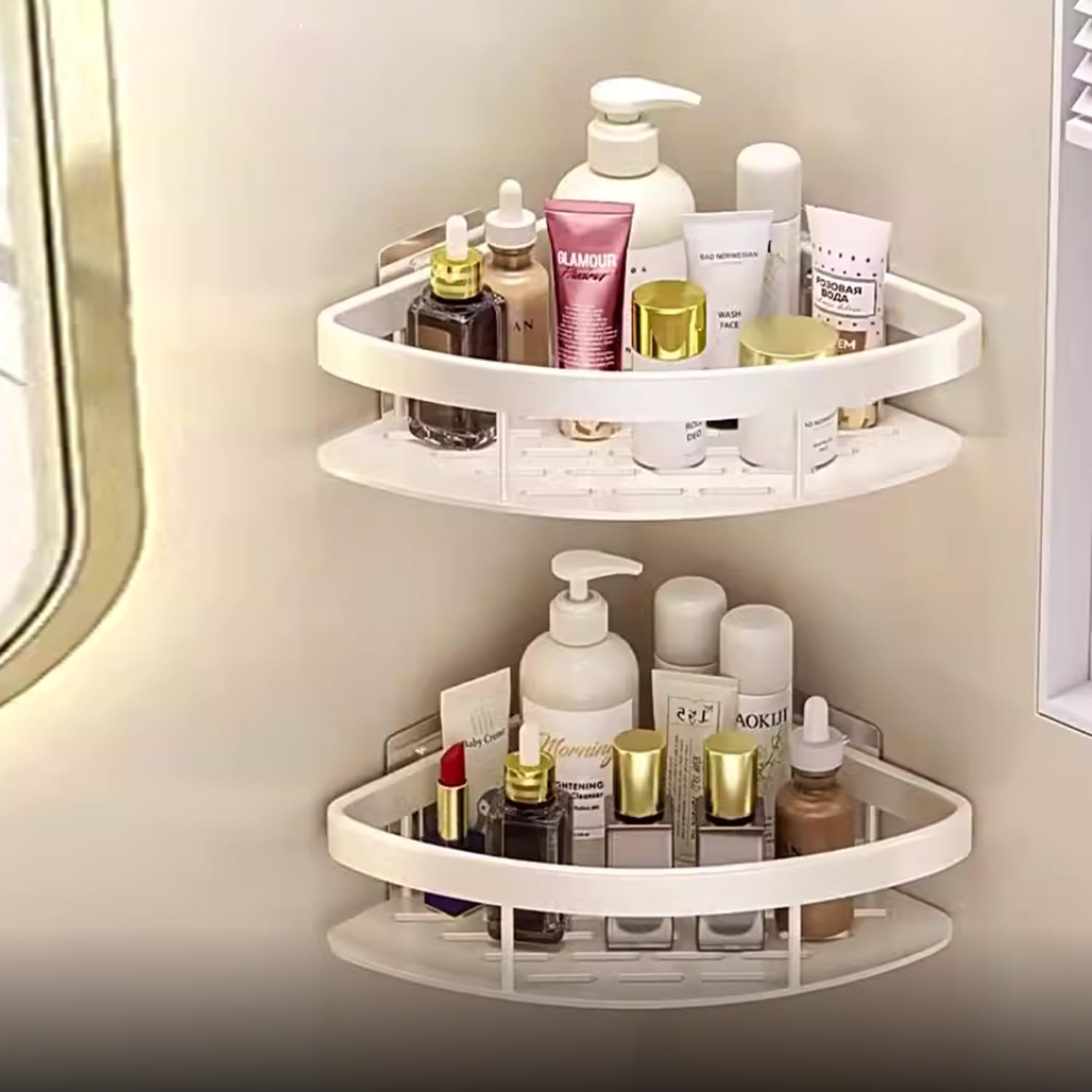 2LWAT Wall Mounted Shower Organizer 2 Tier No Drilling Adhesive Shelf Bathroom Shower Caddy with Hooks Suction Cup