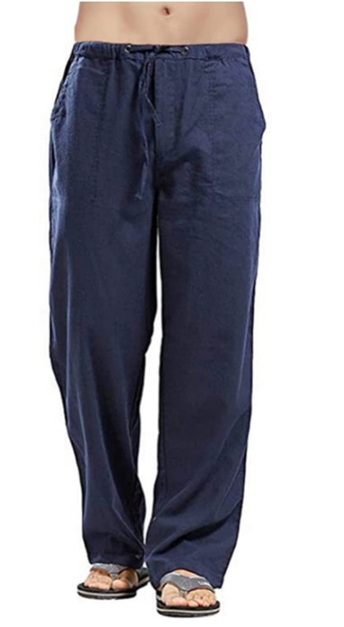Pantalones De Lino De Verano para Hombre, Pantalones De Algodón Y Lino, Ligeros, con Puños, Cintura Elástica, Cordón De Ajuste, Pierna Recta, Pantalones Casuales De Verano(Blue,L)
