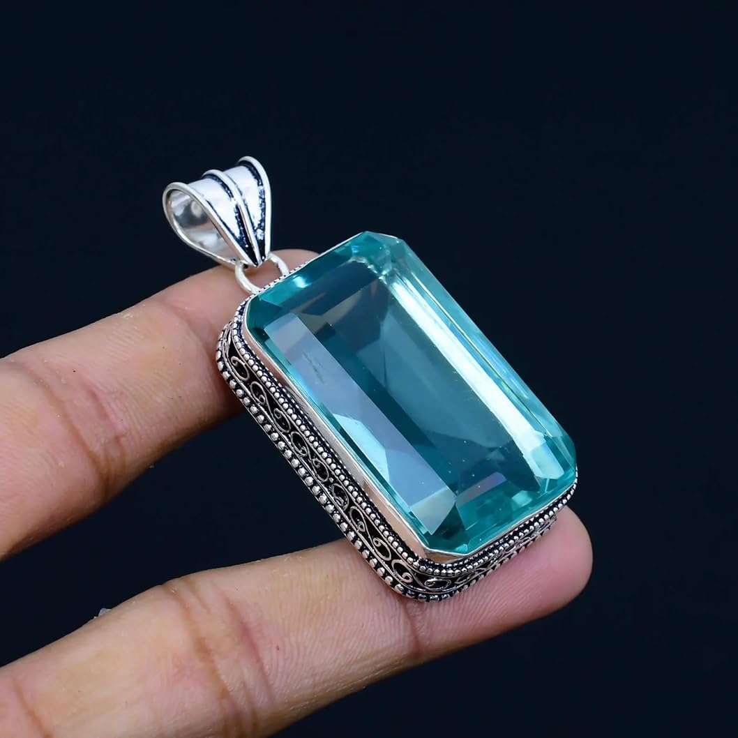 925 Sterling Silver Aquamarine Pendant – Handmade Vintage-Style Aqua Blue Gemstone Necklace for Women – Large Rectangle Cut March Birthstone Jewelry