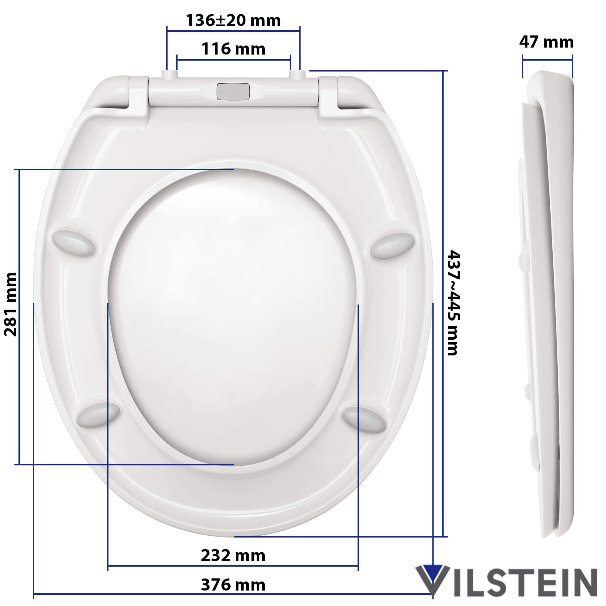 VILSTEIN Toilettendeckel mit Absenkautomatik, Edelstahl Befestigung | Abnehmbar, Softclose, Toilettensitz Klodeckel Klobrille WC Sitz in Weiß