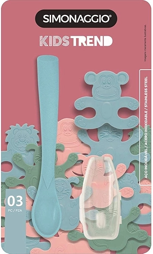 SIMONAGGIO Jogo de Talheres Infantil Trend Kids - Conjunto de Introdução Alimentar Para Bebês - Kit de Colher de Plástico, Estojo e Mordedor - Azul - 3 Peças