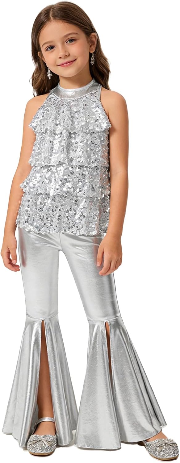 Girls Shiny Jazz Dance Outfits Ruffle Sequin Sleeveless Leotard Top with Bell-bottom Leggings Hip Hop Ballroom Set