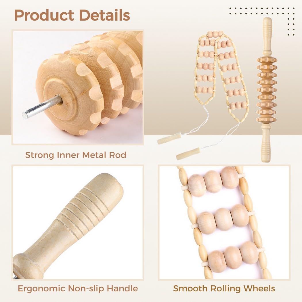 4-in-1 Holztherapie-Massagewerkzeuge, Massage-Set für Lymphdrainage, Holz-Massagebecher, Roller Stick, Roller Rope und Contouring Board, Körperformungsset für Massage, Entspannung und Körperpflege