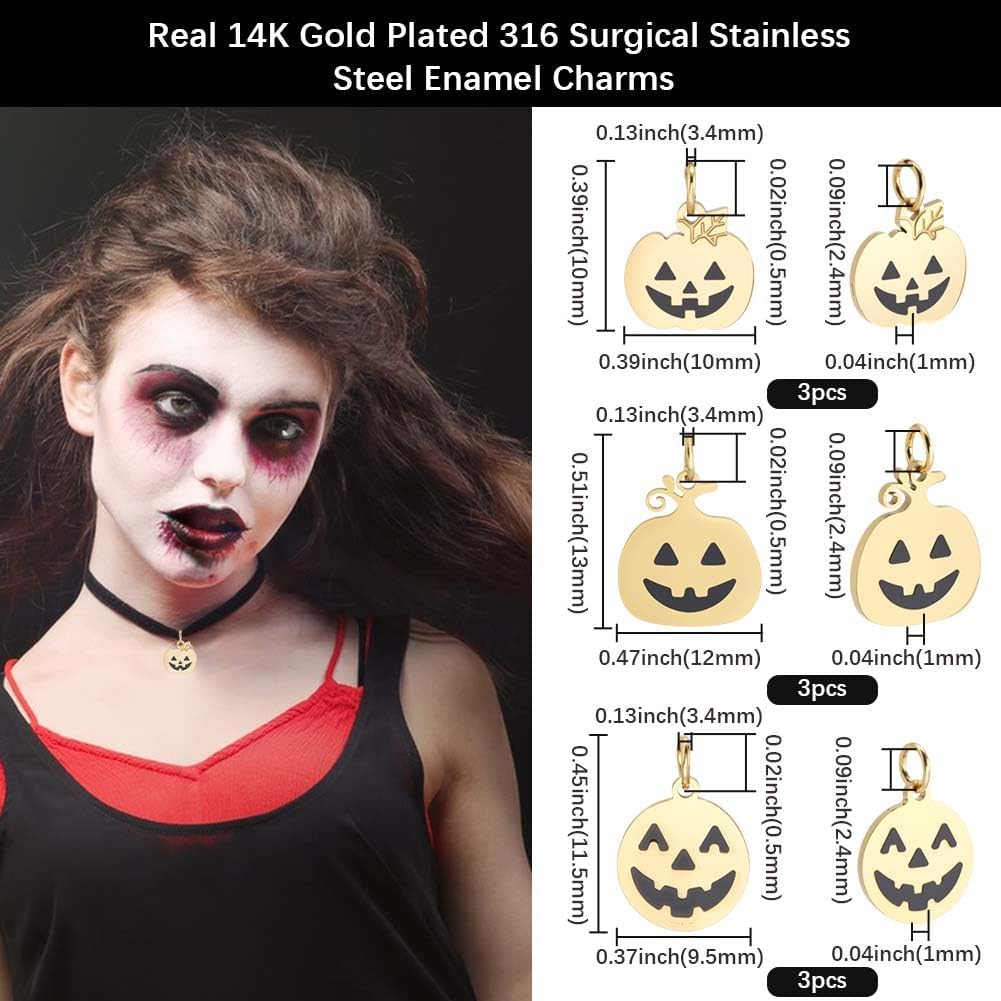 Beebeecraft 9Pcs 3 Styles Halloween Pumpkin Charms 14K Gold Plated 316 Stainless Steel Enamel Flat Jack O Lantern Charm for Jewelry Making DIY Crafts Supplies
