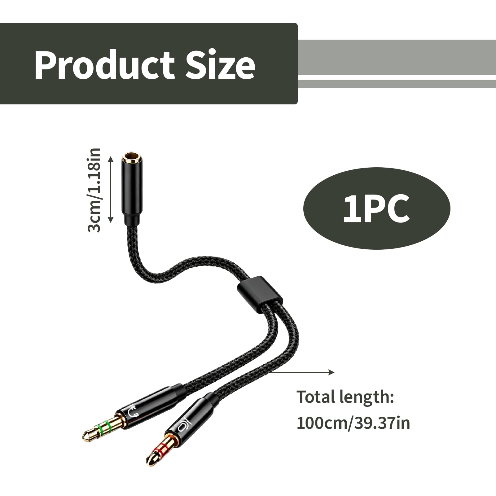 3,5mm Adapter Y Splitter, Headset Adapter 1m TRRS Buchse auf 2X TRS Stecker Kabel für PC Laptop Gaming Headset, 4 Pol auf Dual 3 Pol Klinke Adapter kompatibel mit Desktop Konsole Schwarz