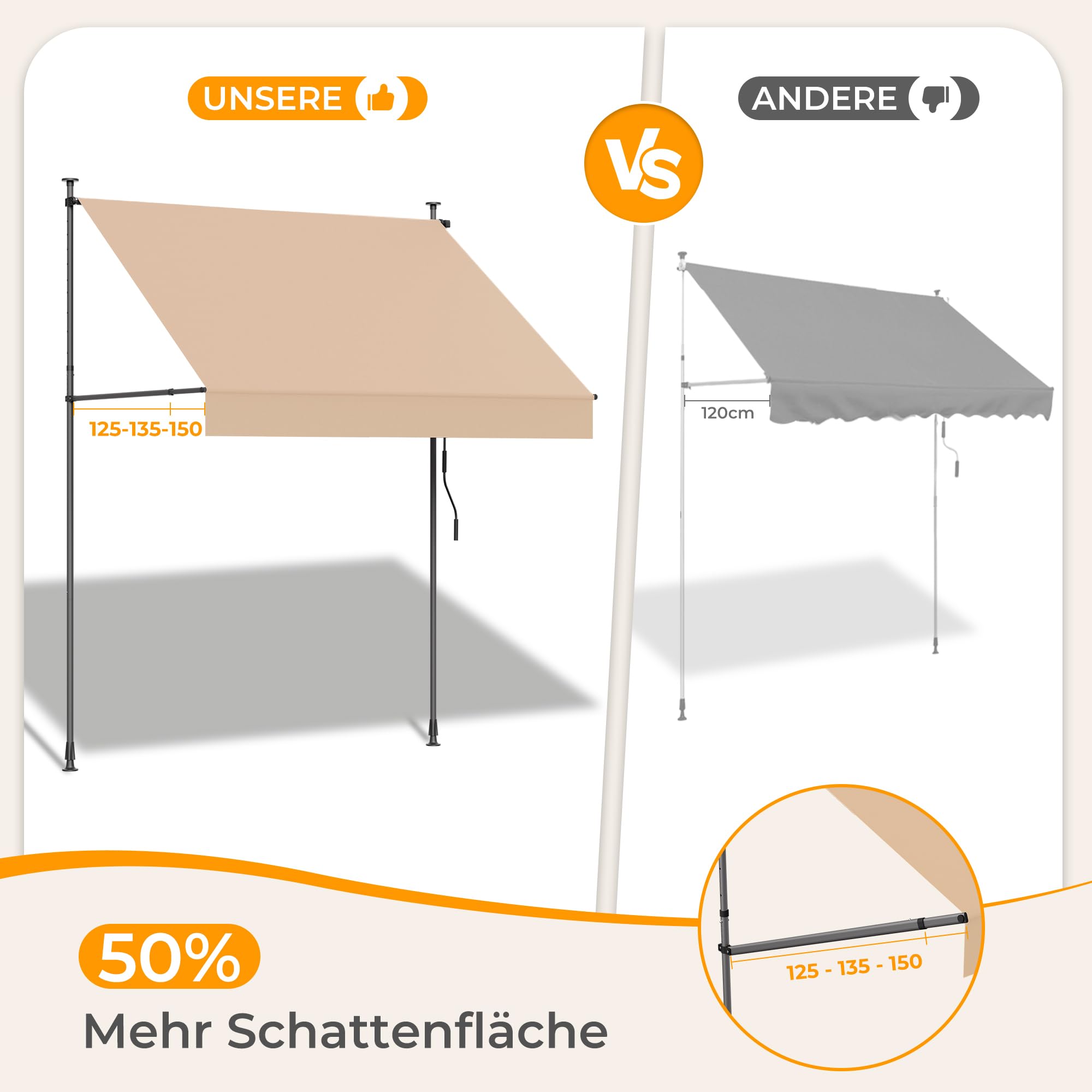 HOMEDEMO Klemmmarkise mit Einstellbare Handkurbel, Balkonmarkise ohne Bohren, Markise Sonnenschutz, UV-beständig & höhenverstellbar für Outdoor, Terrasse, Balkon, Garten, Khaki, 300 x 125-150 cm