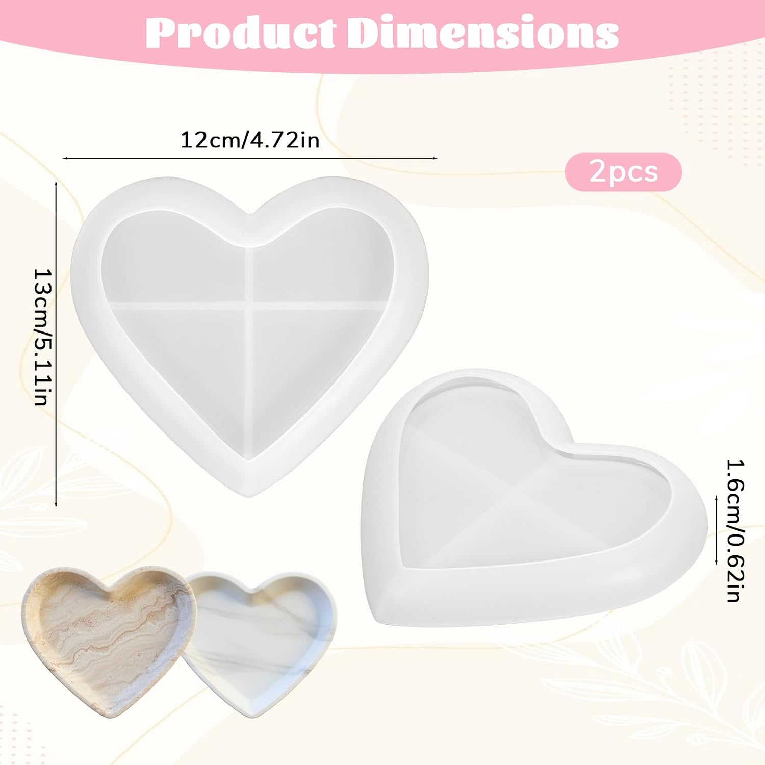 Heart Tray Molds for Resin Concrete, 2 Pcs Heart Tray Molds Trays Container for Epoxy Valentine Love Shape DIY Craft Candle Holder Jewelry Dish Plate Trinket Storage Container Home Decor