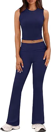 XIEERDUO Lounge Sets For Women 2 Piece Casual Y2K Outfits Sleeveless Cropped Tank Top Fold Over Flare Pants Set Tracksuits