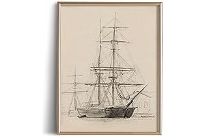 Coastal Seascape Ocean Etching Print Poster - Ship Boat Port Drawing Rustic...
