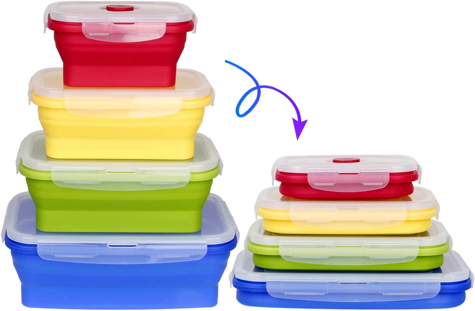 CREPOW Silicone Collapsible Food Storage Containers, Set of 4 Silicone Lunch Box Containers for Kitchen, BPA Free, Microwave, Dishwasher and Freezer Safe