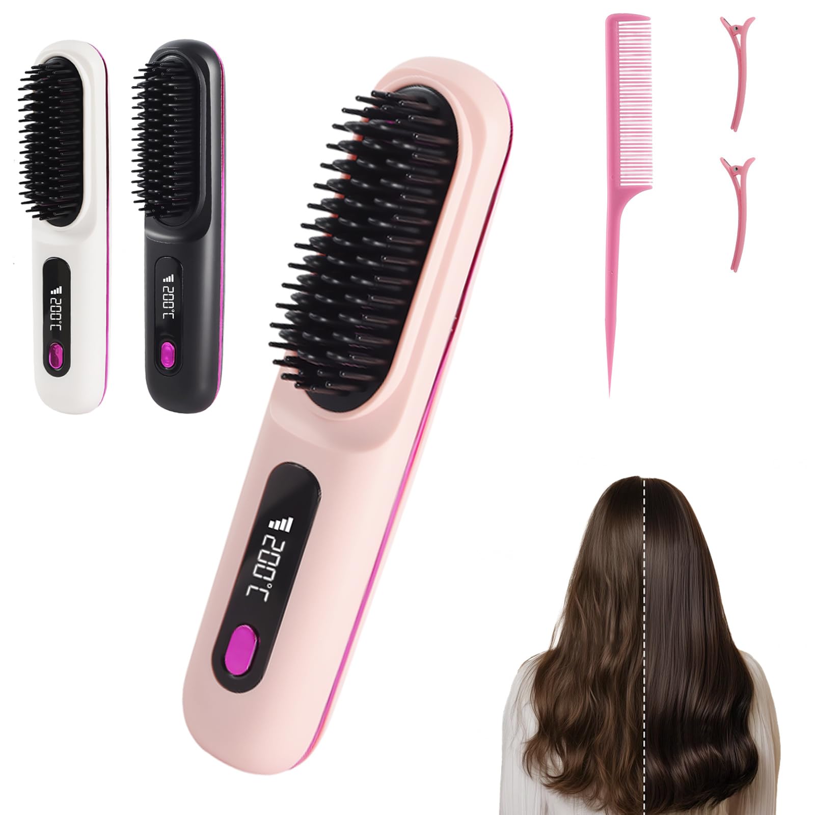 Stylingbürste für kurze Haare kabellos Haarglätter Bürste, Haarglätterbürste, tragbare Haarbürste elektrisch für unterwegs, wiederaufladbar, langanhaltendes & pflegendes Design für alle Haartypen