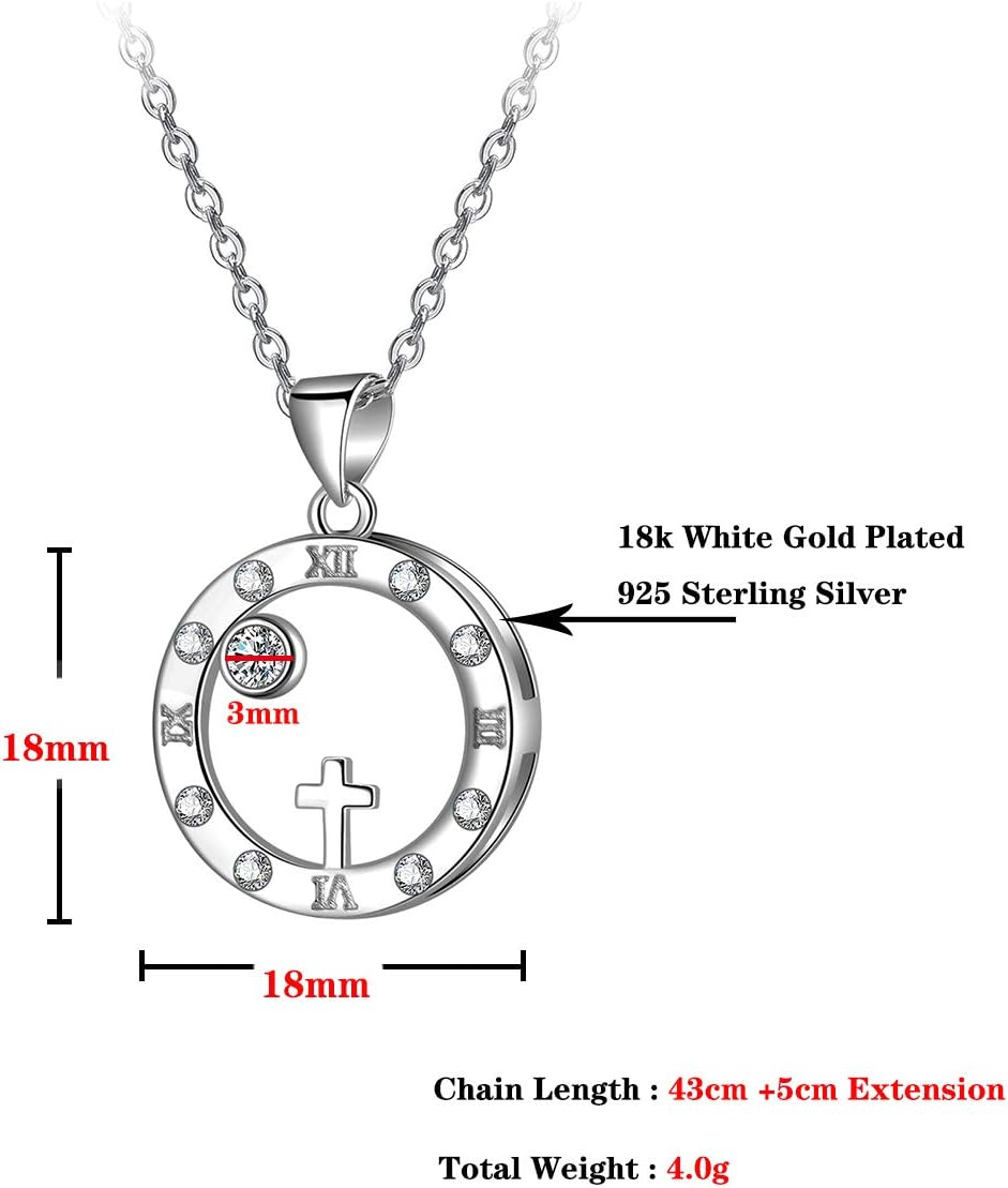 Women Pendant Necklace 925 Sterling Silver Roman Numeral Pendant Necklace with 18k White Gold Plated Cubic Zirconia Love Jewelry for Women Girls