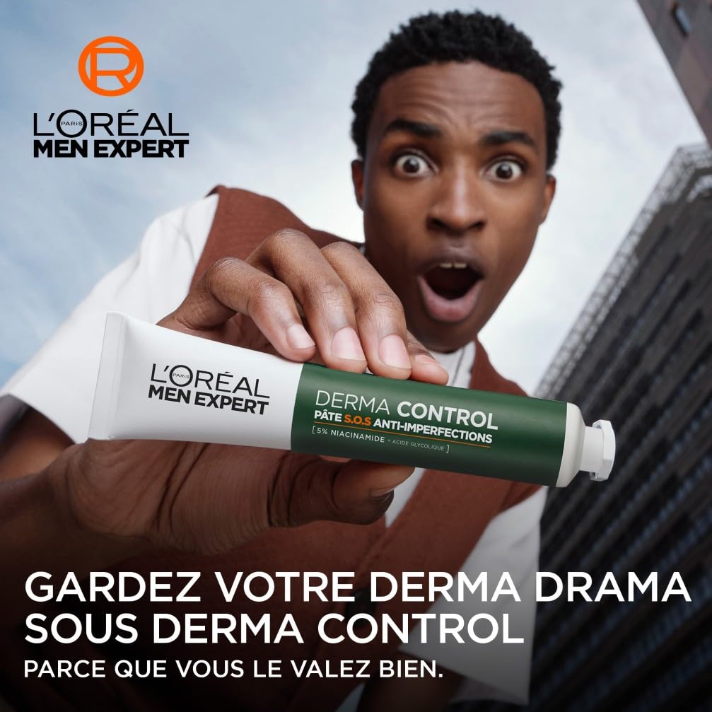 L'Oréal Men Expert - Pâte S.O.S Anti-Imperfections - Soin Localisé Anti-Boutons et Masque Purifiant - Enrichie en Niacinamide et Acide Glycolique - Derma Control - 45 ml