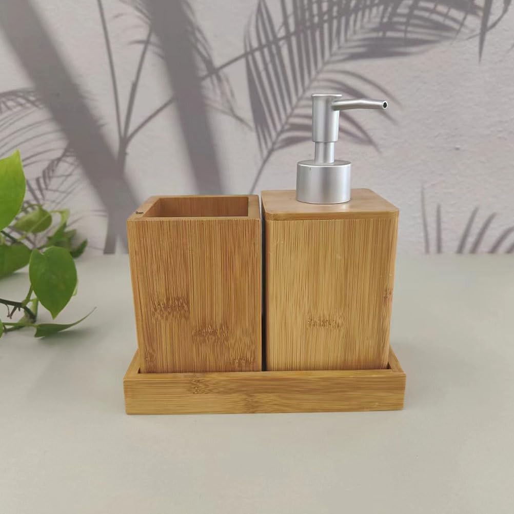 IMIKEYA Accessori da bagno in bambù Set multifunzionale con dispenser di sapone e portaspazzolino bicchiere per risciacquo e base materiale resistente e design elegante per la casa