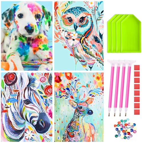 Edonkvi Diamond Painting, 4 Piezas Pintura Diamante Animales para Adultos y Niños, 5d Diamond Painting Kit Completo Perro Caballo Búho Ciervo para La Decoración de la Pared Del Hogar