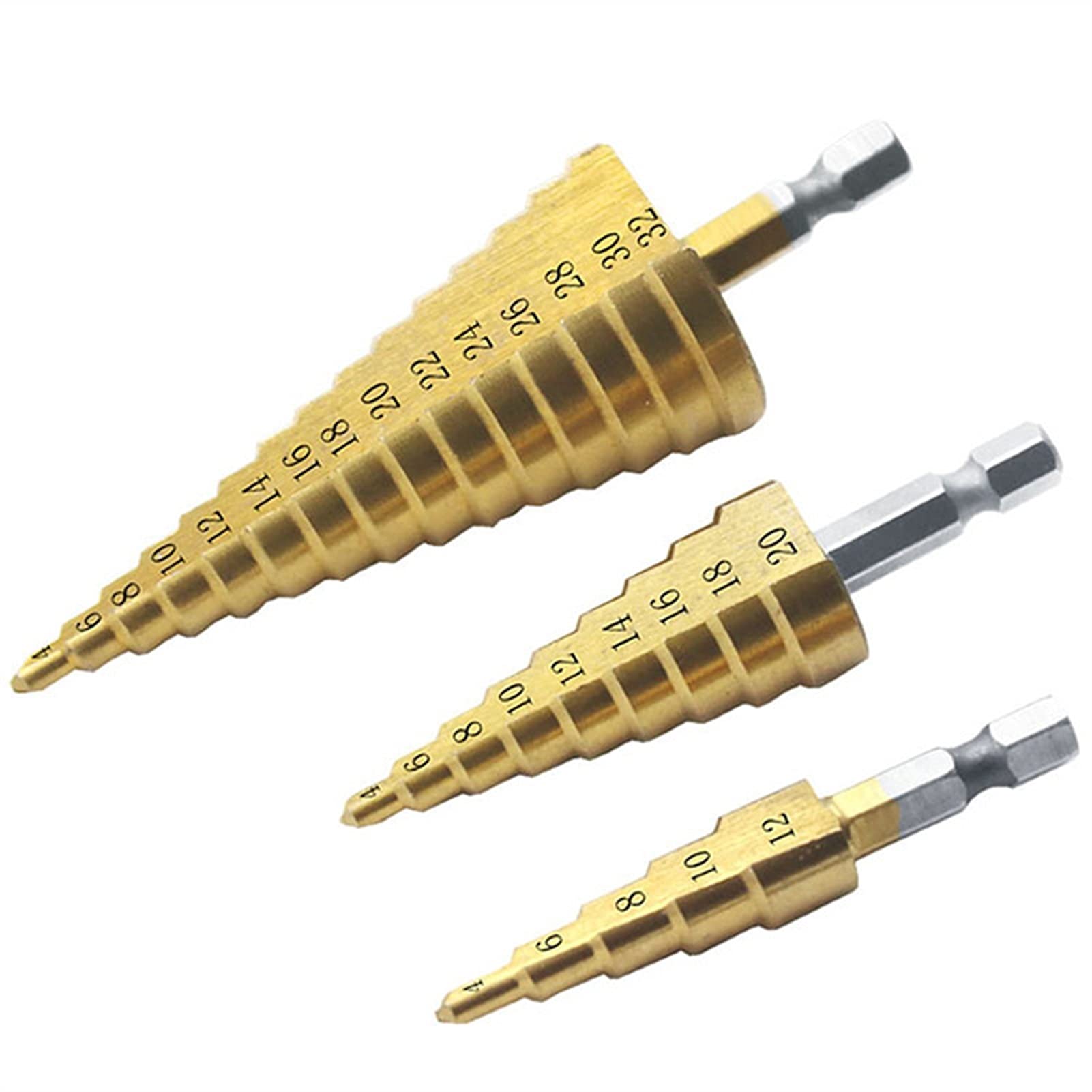 Set di punte per trapano industriali, facili da installare e da usare, 4-12/20/32 mm, 3 pezzi, punte per trapano a gradini in titanio HSS e acciaio