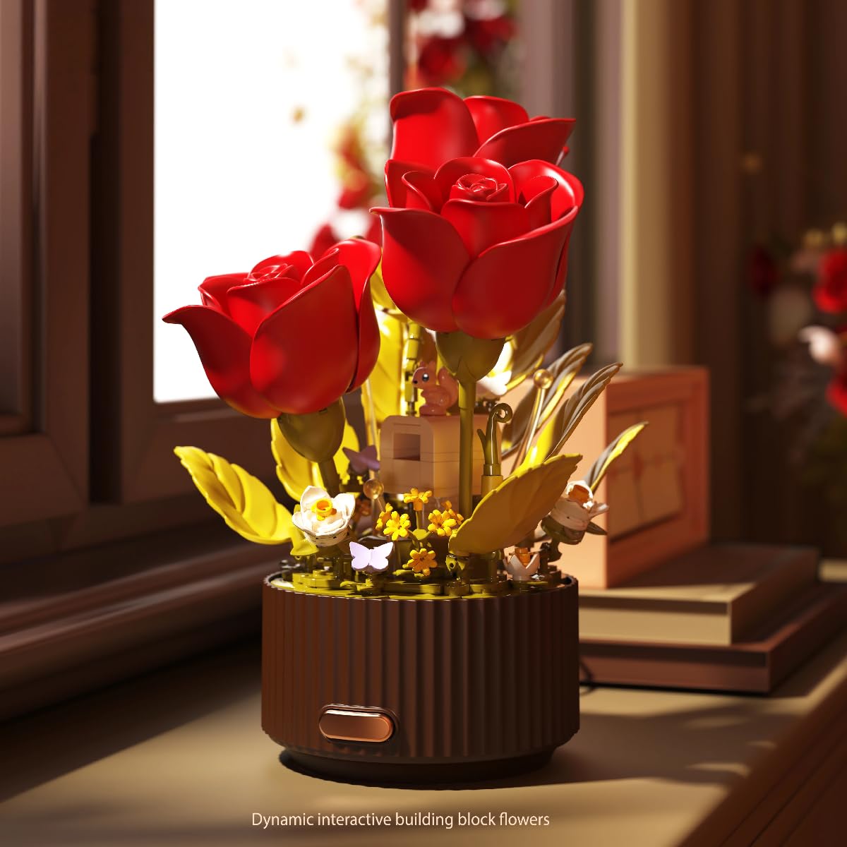 Rosen Blumenstrauß Bausteine Set, Dynamischer Blumenstrauß Baukasten | 255 Teile Blumenstrauß Bausteine mit Fernbedienung, Bonsai Botanical Kollektion Bauklötz für Büro Heimdekoration