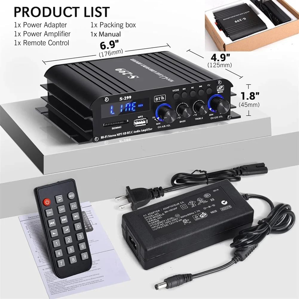 Amplificatore Audio Digitale 4.1 Canali AMP 40Wx4 W/H Bluetooth 5.0 Potenza Nominale per Home Theater Auto RV Barca Spina EU