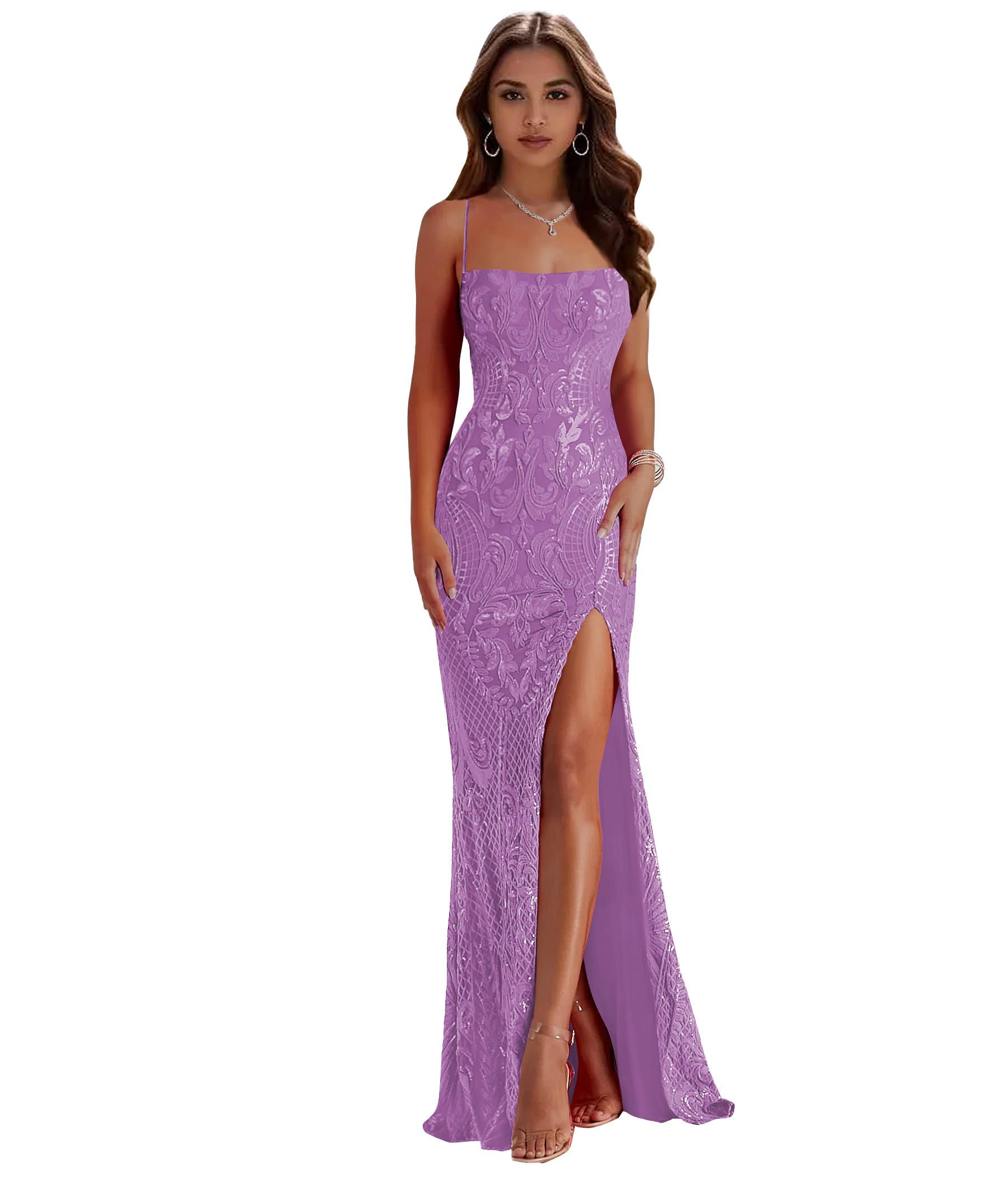 Women's Mermaid Sequin Prom Dresses with Slit Sparkly Spaghetti Straps Long Evening Dress Corset Formal Gown