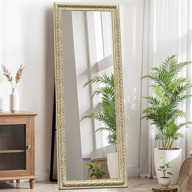Image of 65 inchx22 inch (5.25 ft) Ornate Antique Full-Length Floor Dressing Mirror with Stand, Vintage Off-White Cheval Mirror for Bedroom, Living Room, Boutique