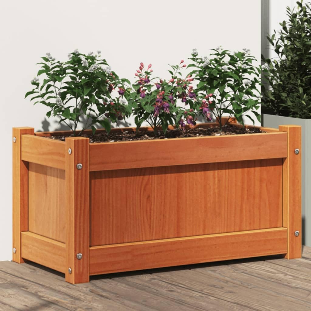 23.6 x 23.6 x 12.2 in Solid Pine Wood Raised Garden Bed, Wax Brown Rectangular Planter Box for Outdoor Patio, Balcony & Terrace, Rustic Elevated Planter for Herbs, Veggies & Flowers