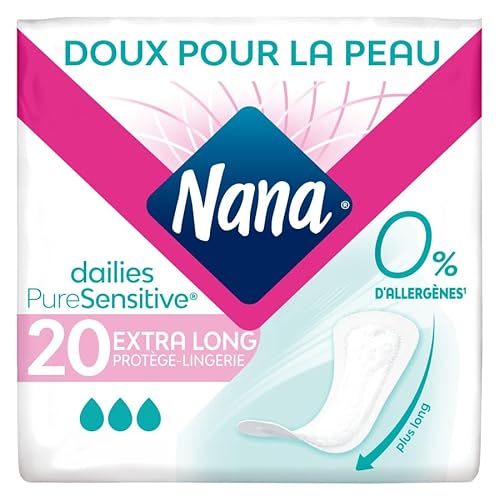 Nana PureSensitive Extra Long Protège-Lingerie - Protège-Slip et Absorbant pour Peaux Sensibles - 0 % Allergène*, Parfum, Colorant - 20 (L'emballage peut varier)
