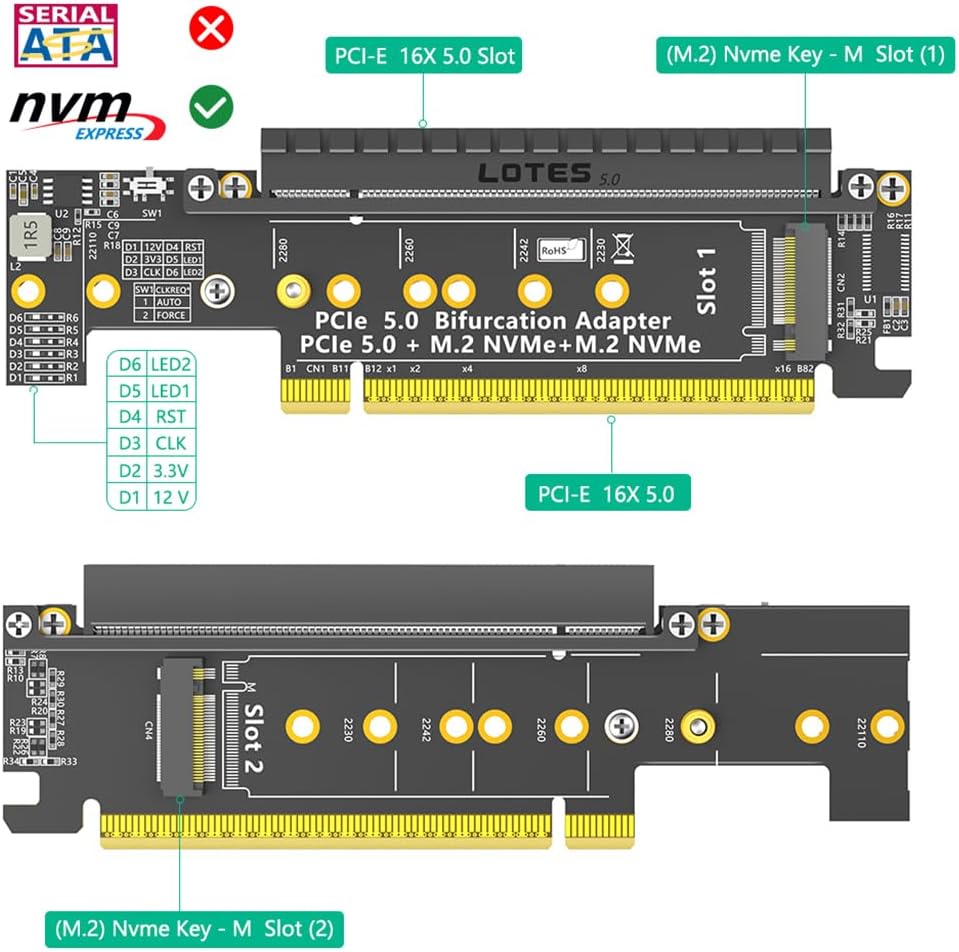 JMT PCIe 5.0 X16 to Dual M.2 Mkey and PCIe x16(x8 Signal) Adapter Dual M.2 Mkey PCIe5.0 Adapter Compatible with M.2 NVMe SSD that Support PCI-e Bifurcation x8x4x4