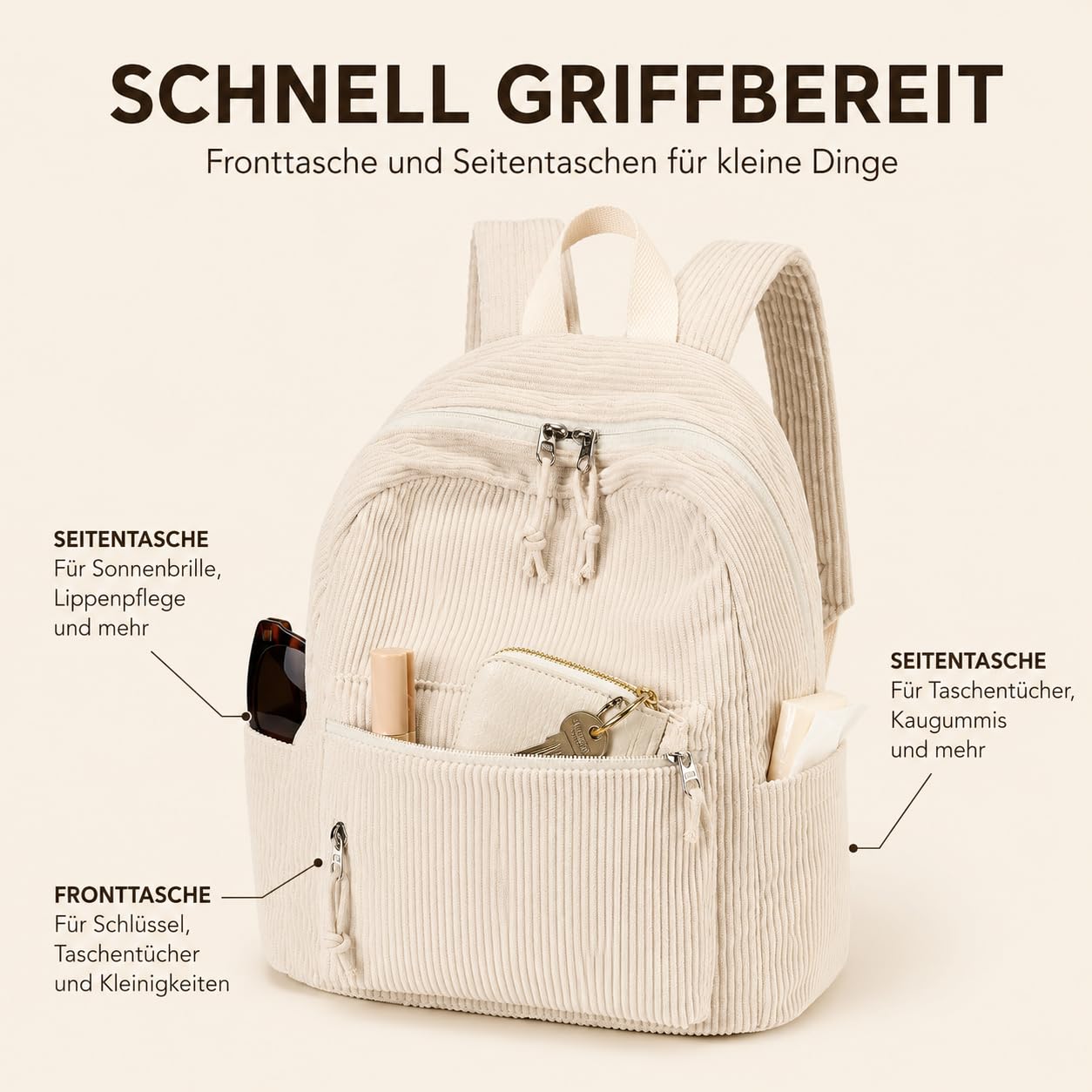LOIDOU Petit sac à dos pour femme, petite ville, sac à dos décontracté en velours côtelé, mini portefeuille pour l'école, le travail, les voyages, le shopping