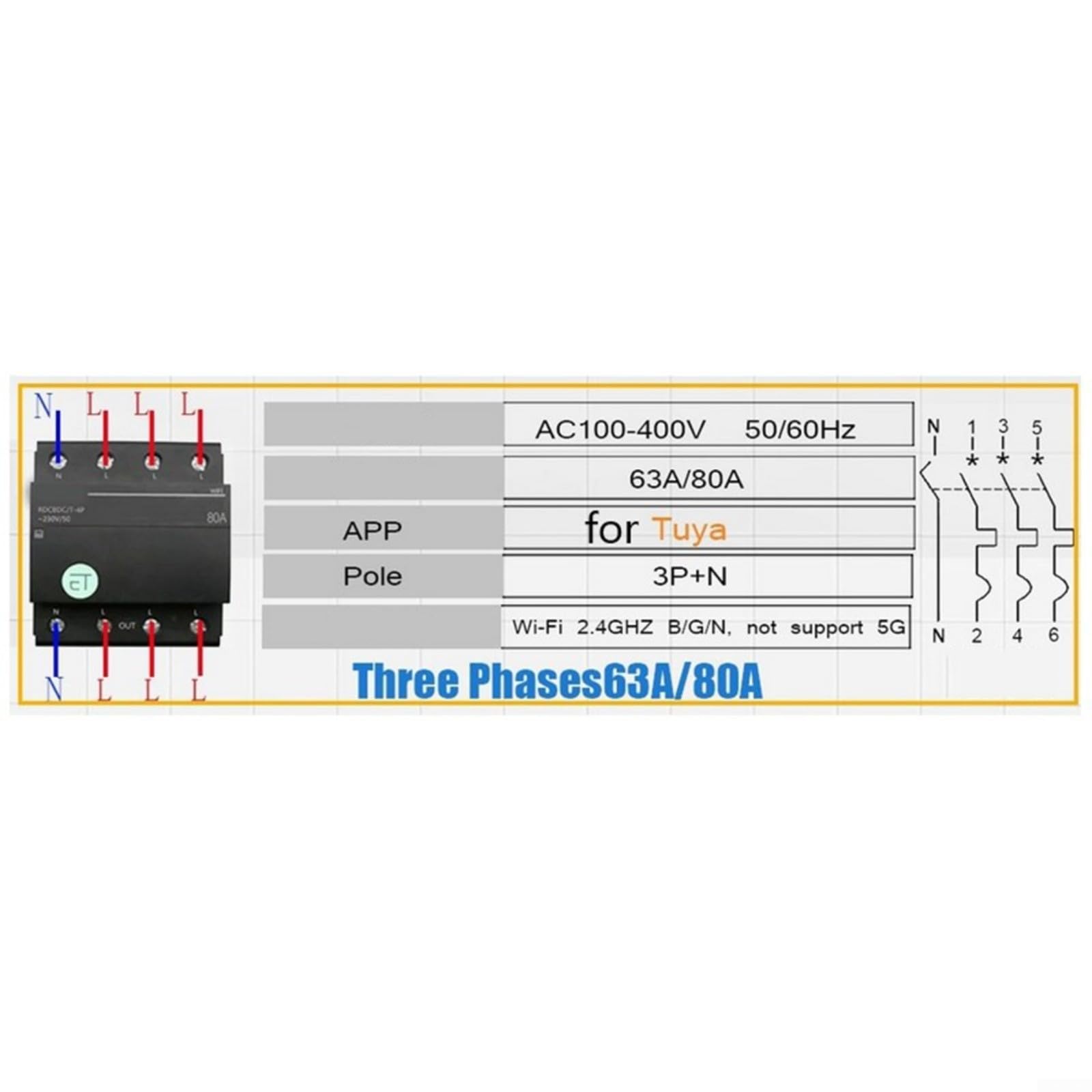 Interruptor de relé con temporizador inteligente, 4 P, 63 A, WiFi, control por aplicación, interruptor trifásico para domótica, negro (4P-63A)