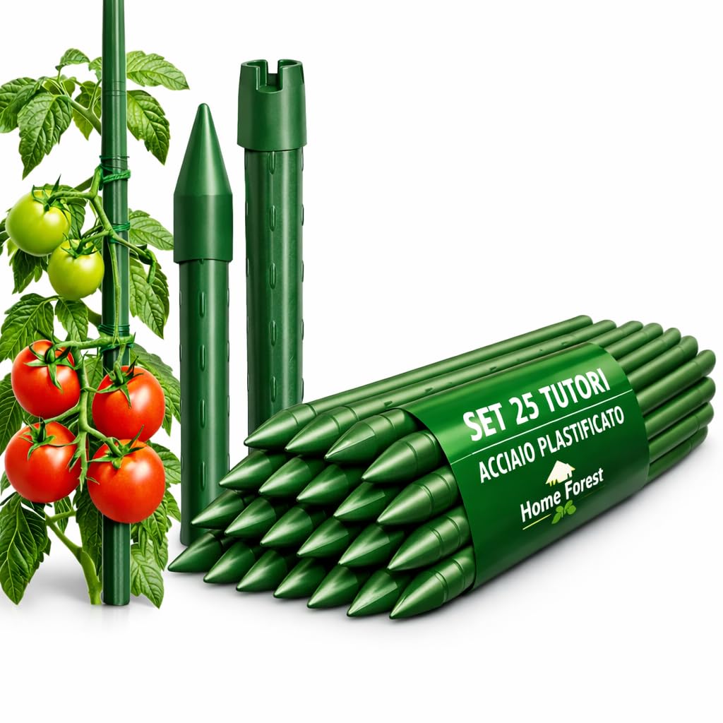 Set 25 Paletti per Piante Rampicanti e Pomodori in Acciaio Plastificato Bastoncini Supporto Resistenti per Orto Giardino Pali Tutori Sostegno Antiruggine Cetrioli Fiori Verdure Piante (150 cm x 11 mm)