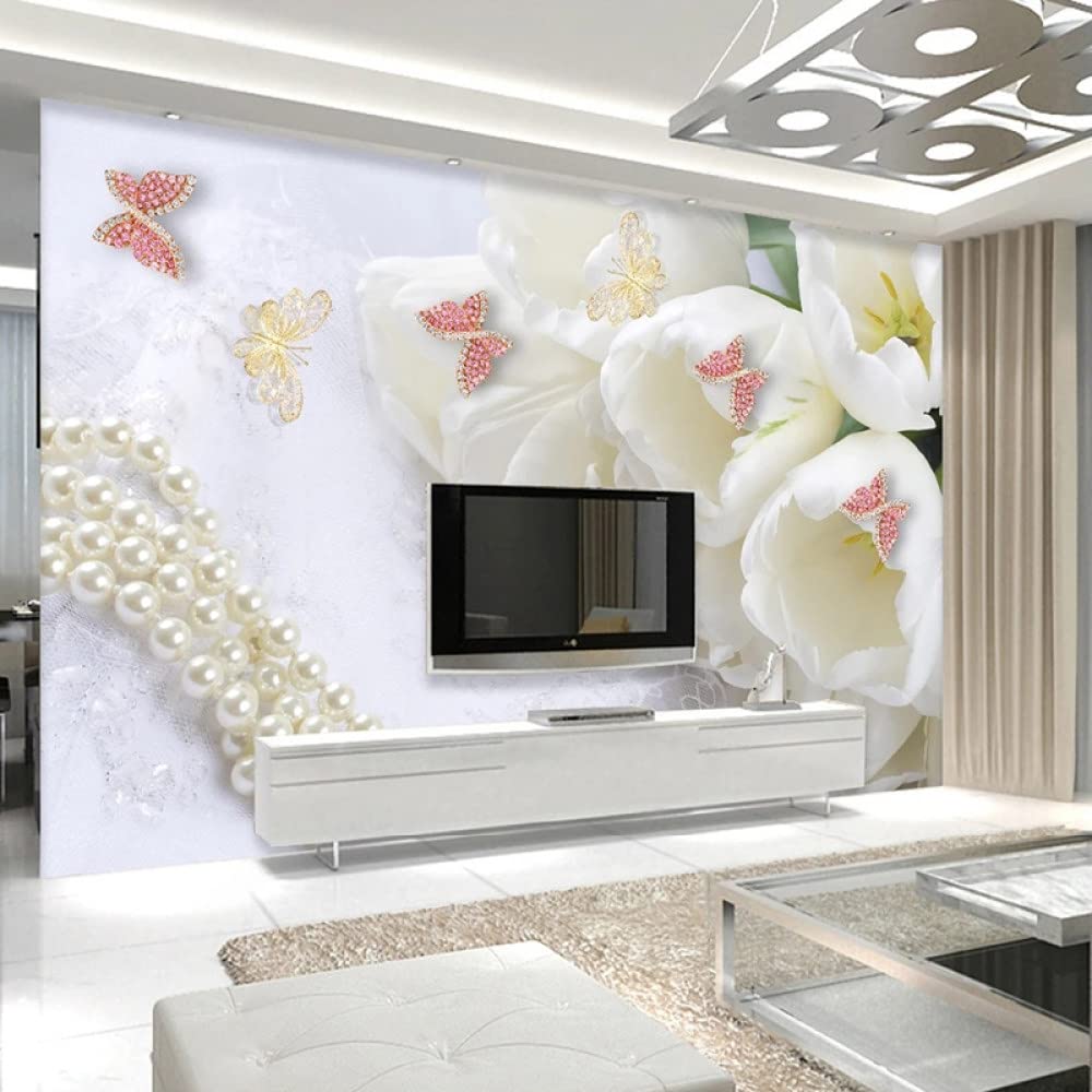 Carta Da Parati 3D,Moderno Tulipano Bianco Fiore Farfalla Perla Stampa Lusso Grande Carta Da Parati Autoadesiva Buccia E Bastone Carta Di Contatto Staccabile Vinile Murale Adatto Per Soggiorno Camer