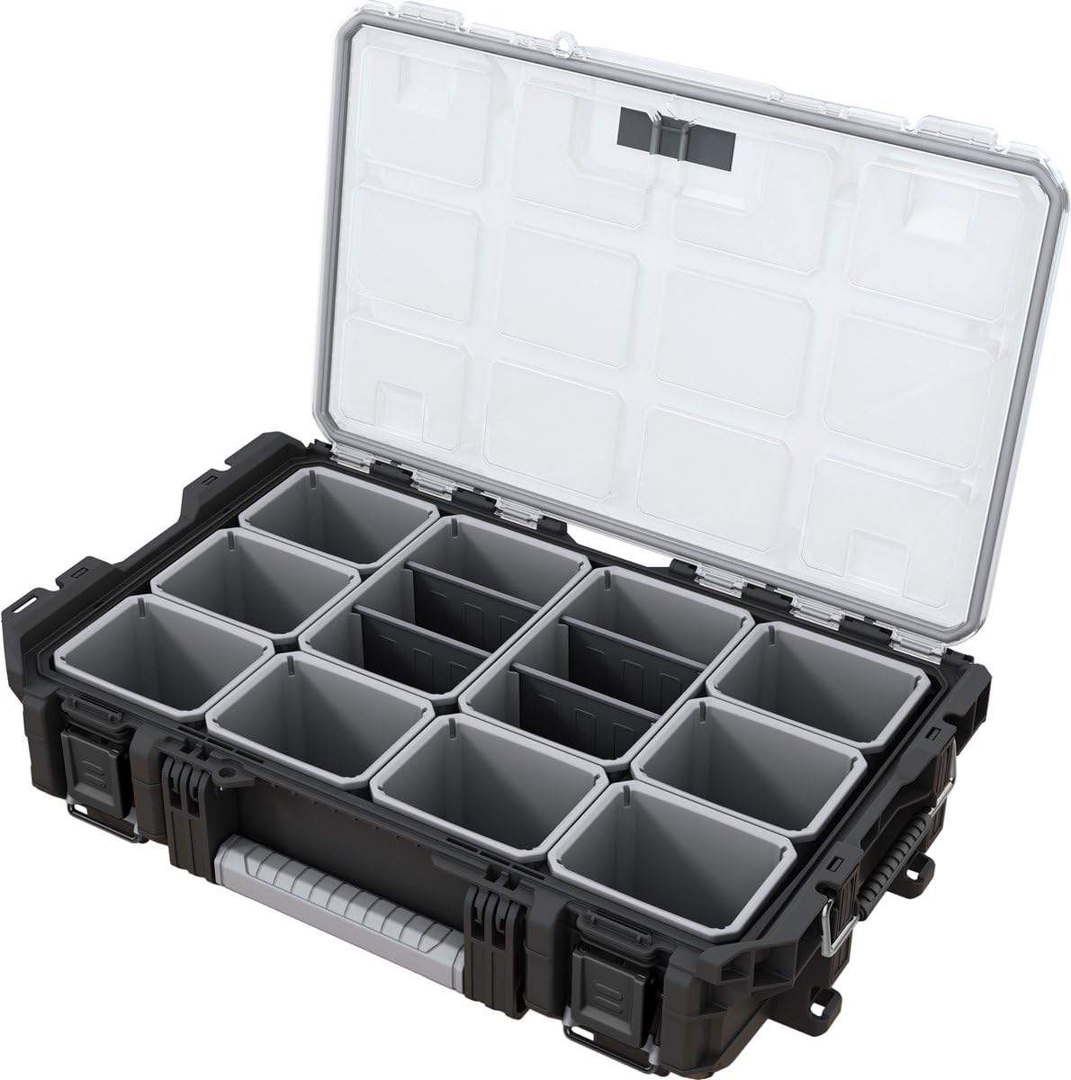Keter Pro Gear XL Werkzeugwagen – 3 Koffer, 2 flache und 1 tiefe Schublade, abschließbar, mit Clear Organizer, IP65 Schutz, robustes Design, schwarz - 64x47x79-105 cm