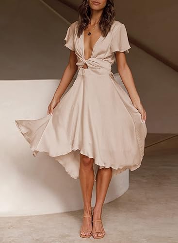 Miniatura 4 de miduo - Vestido largo de satén con cuello en V, volantes, manga corta, lazo frontal, cintura alta, longitud por debajo de la rodilla y acampanado