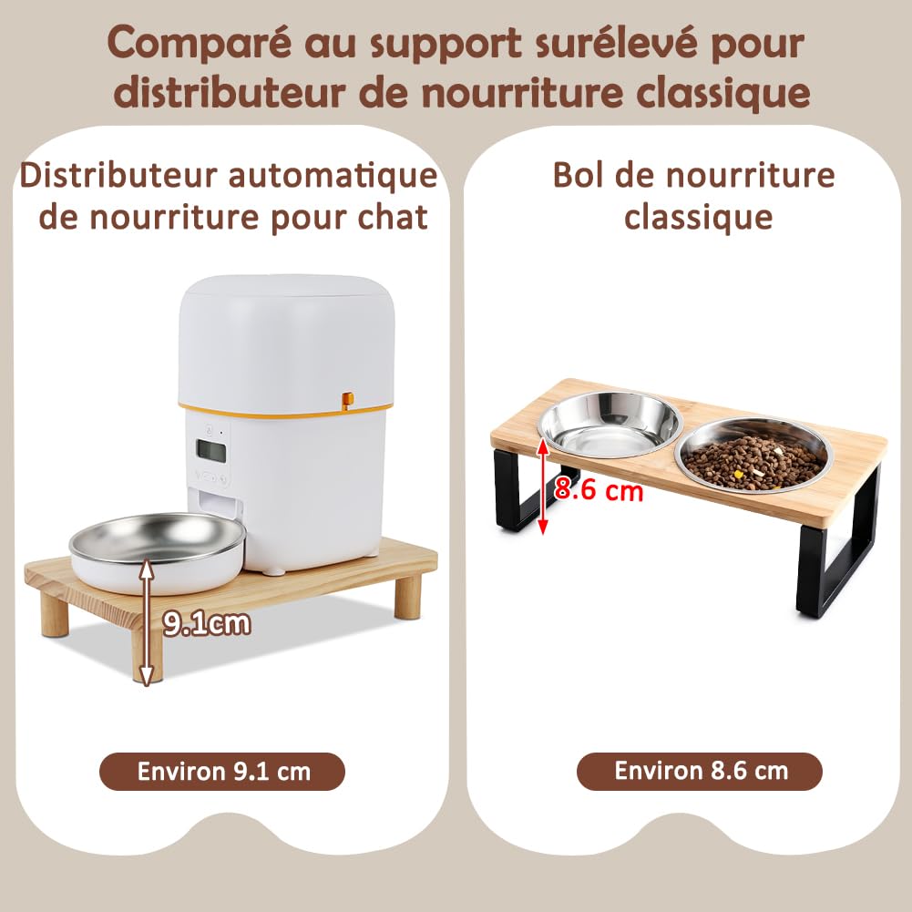 SZEE Support Surélevé en Bois Massif pour Distributeur Croquettes Chat Automatique, Ergonomique Réduisant la Pression sur la Colonne Vertébrale, Support pour Gamelle Chat Automatique, 34,3×20×6,1 CM