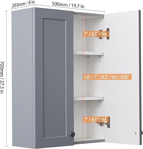 Miniatura 2 de Armario de pared para baño, armario de almacenamiento sobre el inodoro, botiquín de 19 x 27 pulgadas con estantes ajustables, armario colgante gris