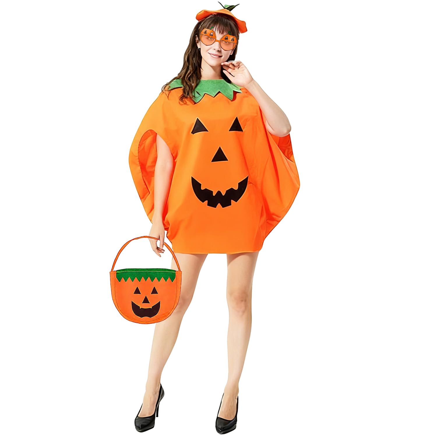 Everpwr Halloween Pumpkin Costume Set for Adults Women, 5 PCS Fancy Dress with Pumpkin Outfit, Hat, Glasses