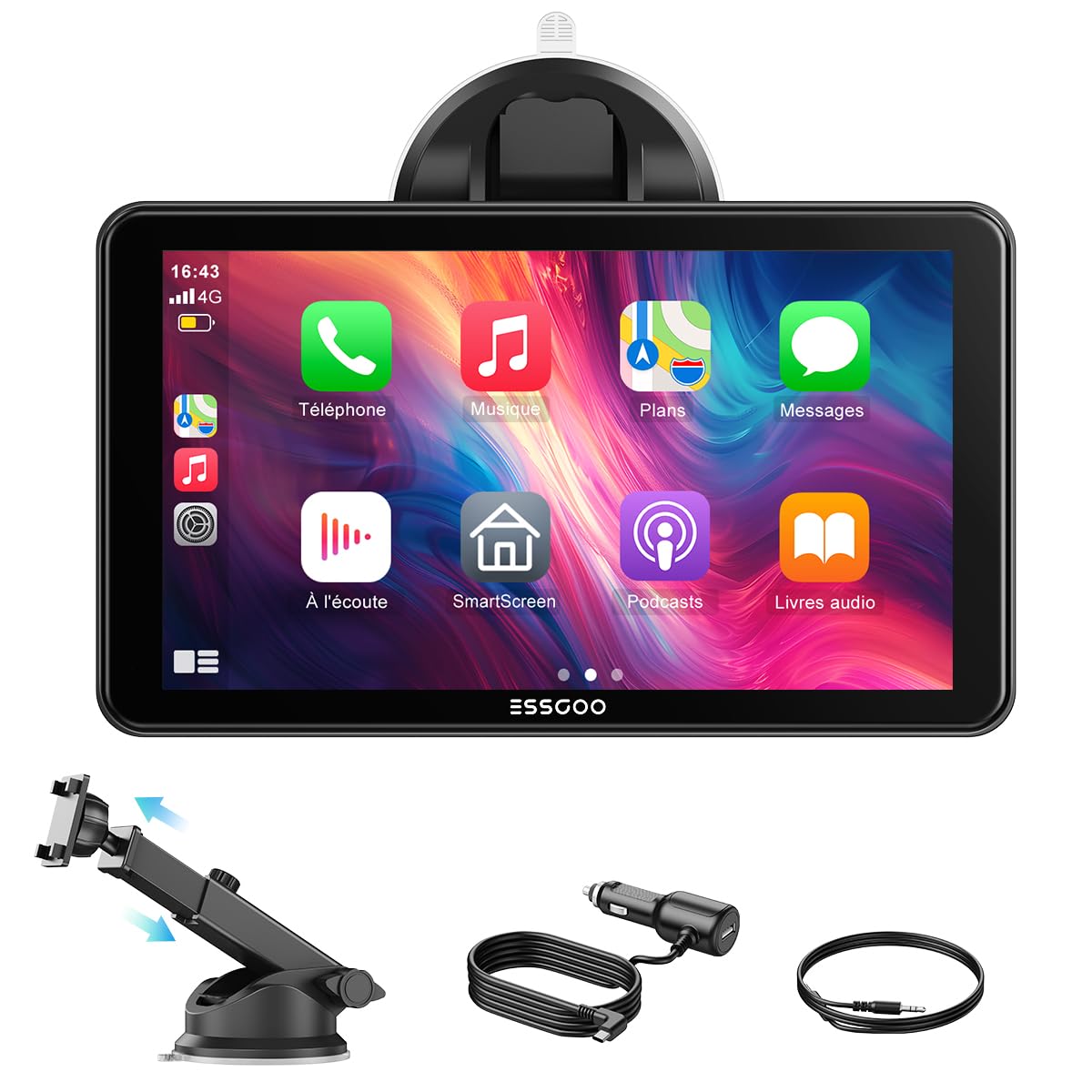 ESSGOO CarPlay Voiture 7 Pouces - Prend en Charge Apple CarPlay sans Fil & Android Auto - Adapté à Plusieurs Véhicules