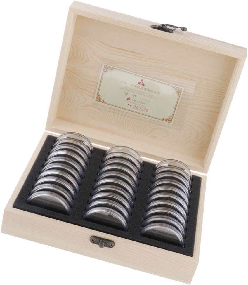 Wooden Case Acrylic Coin Capsules Organizer 30pcs Coins Holder with Adjustable Pad Vintage Style Lock Money Collection Display Box Coin Storage Container Resistance to Oxidation