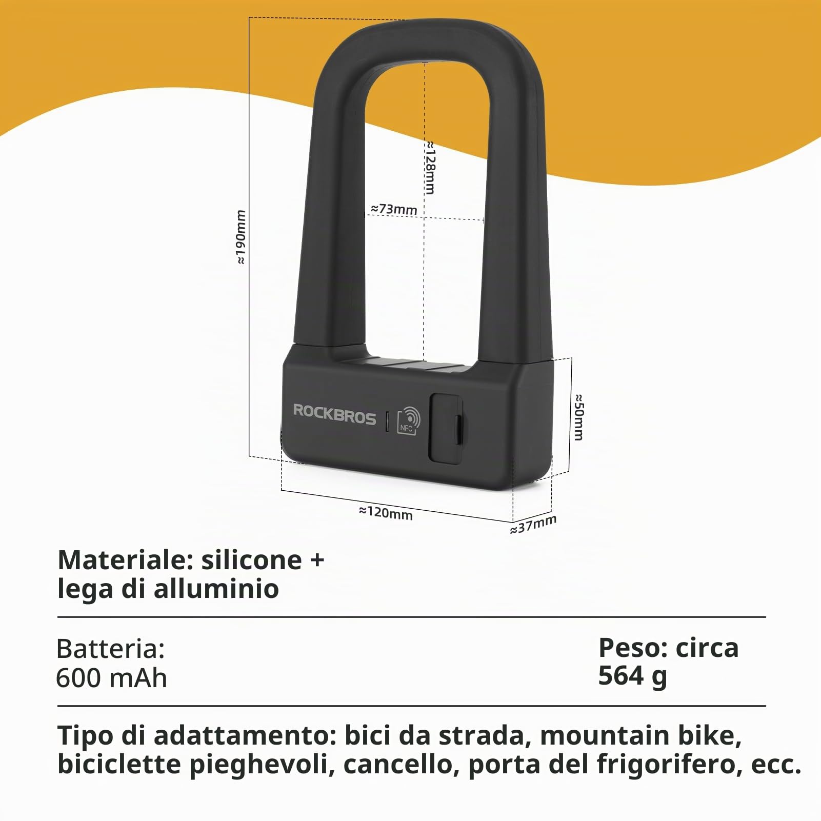 ROCKBROS Lucchetto a U per Bicicletta con NFC, Lucchetto di Sicurezza per Bici Ricaricabile e Antifurto, U-lock per MTB, Bici Pieghevole, Scooter, Monopattini Elettrico