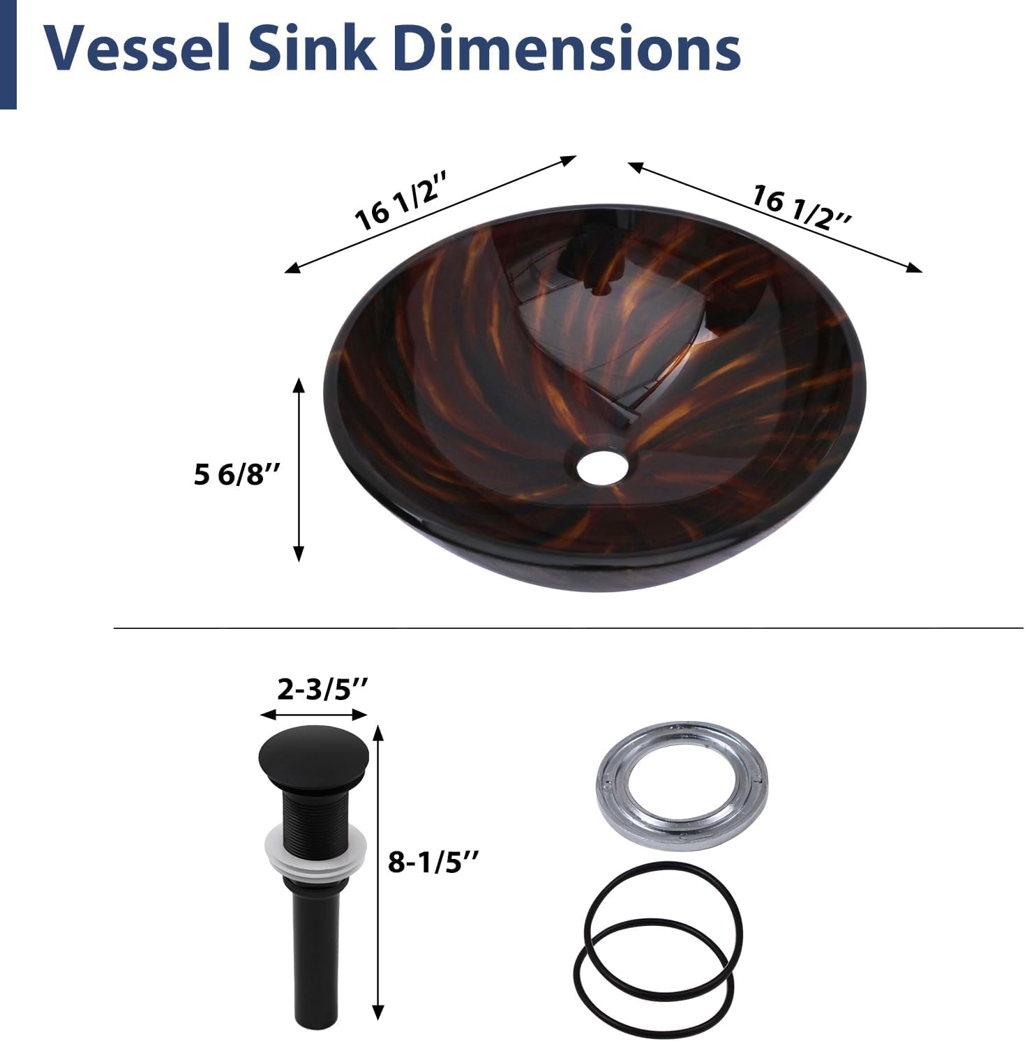 Mocoloo Round Glass Vessel Sink, 16x16 Inch Bathroom Sink Amber Tempered Glass Bathroom Vanity Sink with Pop-Up Drain Above Counter Basin Bowl