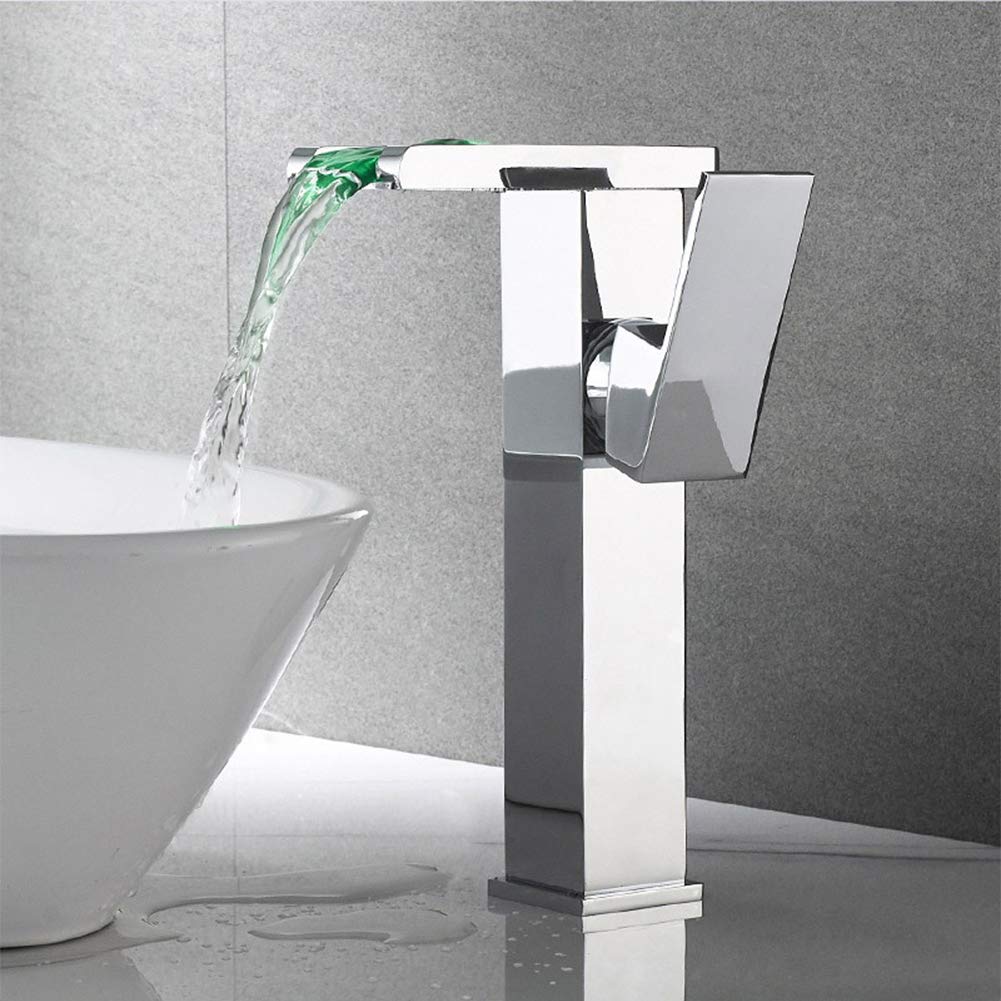 CZYWKDDPP Basin Waterfall Tap, Bathroom Mixer Tap Modern LED Black Single Lever Countertop Hot and Cold Water Faucet, Copper Hole Washbasin Suitable for Toilet,