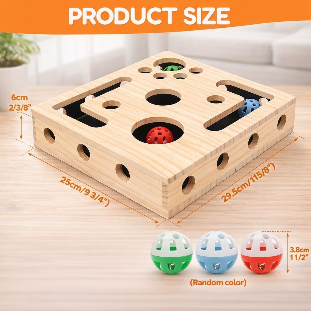 Cat Claw Saver, Cat Scratch Puzzle Enrichment Box Interactive Cat Toy with Nail File Sandpaper Claw Care Stress Relief Scratcher with Balls for Indoor Cats Grooming Play (Wood Color)