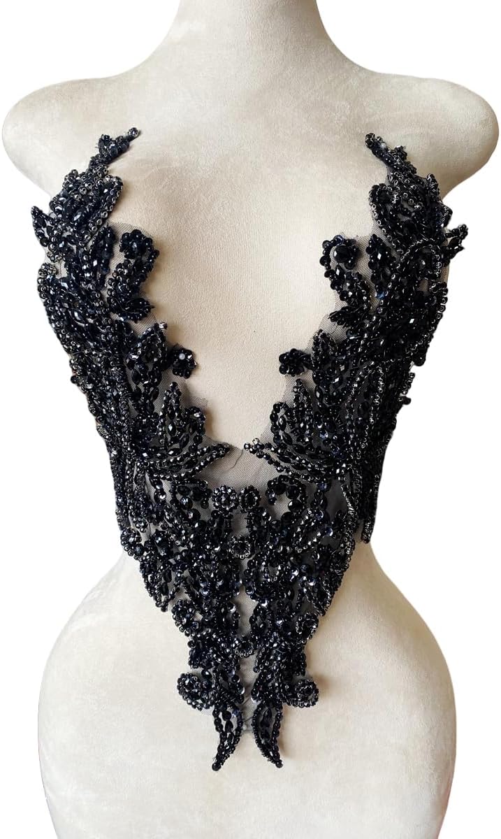 Zbroh Pure Handsewing Rhinestones Applique Multicolor Patch DIY Craft Accessories for Girl Wedding Dress 14X20inches (Black)