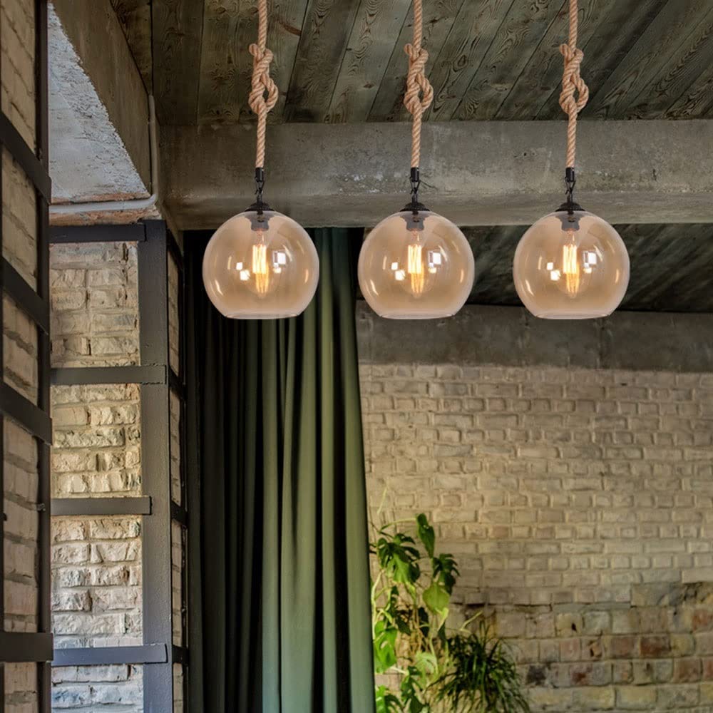 Lampada a Sospensione Personale con Testa Singola in Vetro Loft Lampada a Sospensione in Corda di Canapa Lampadario Decorativo retrò Industriale per Camera da Letto Studio Ristorante Bar Caf