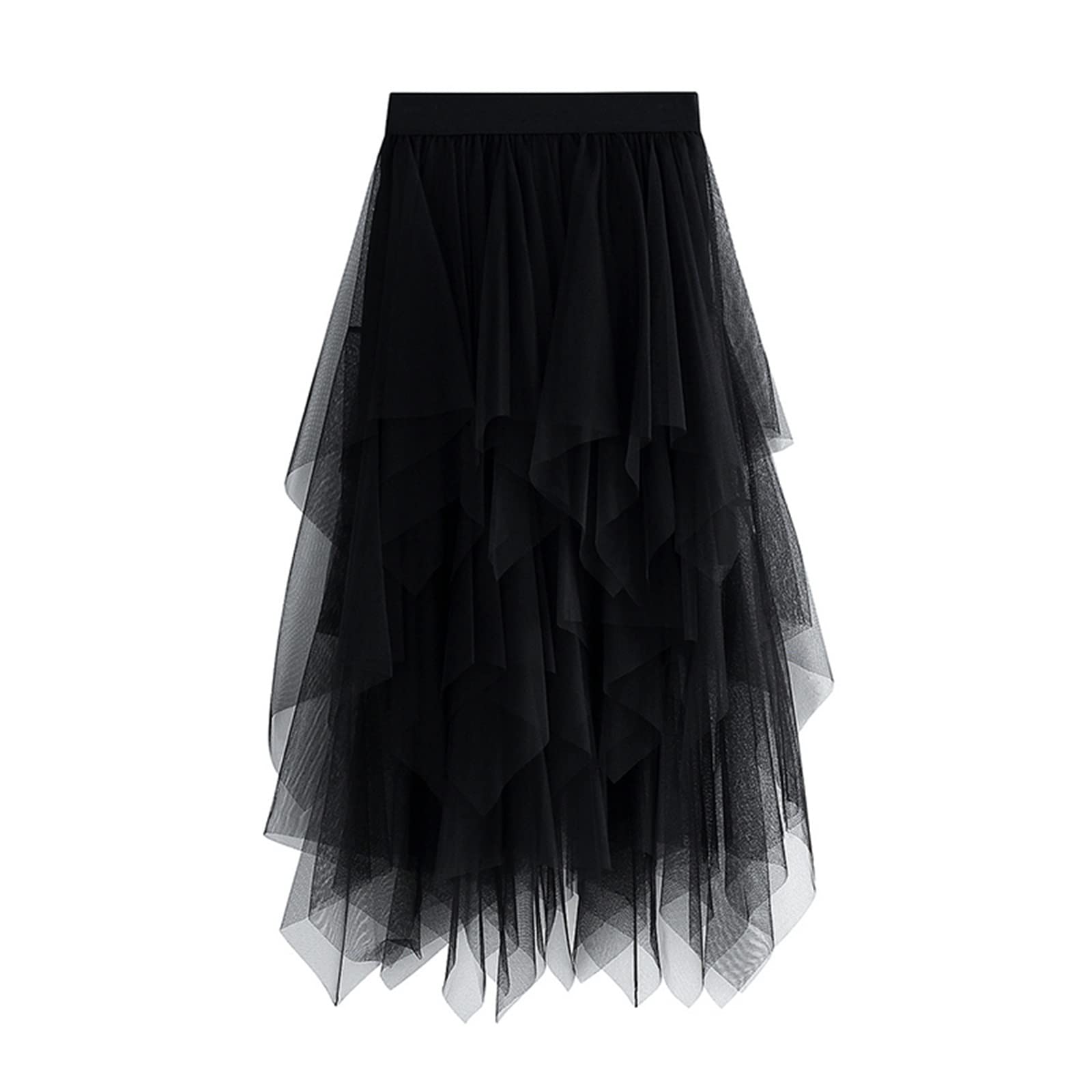 Jupes asymétriques en tulle pour femme - Taille haute élastique - Jupe tutu plissée - Jupe midi décontractée en maille, Noir irrégulier, taille unique