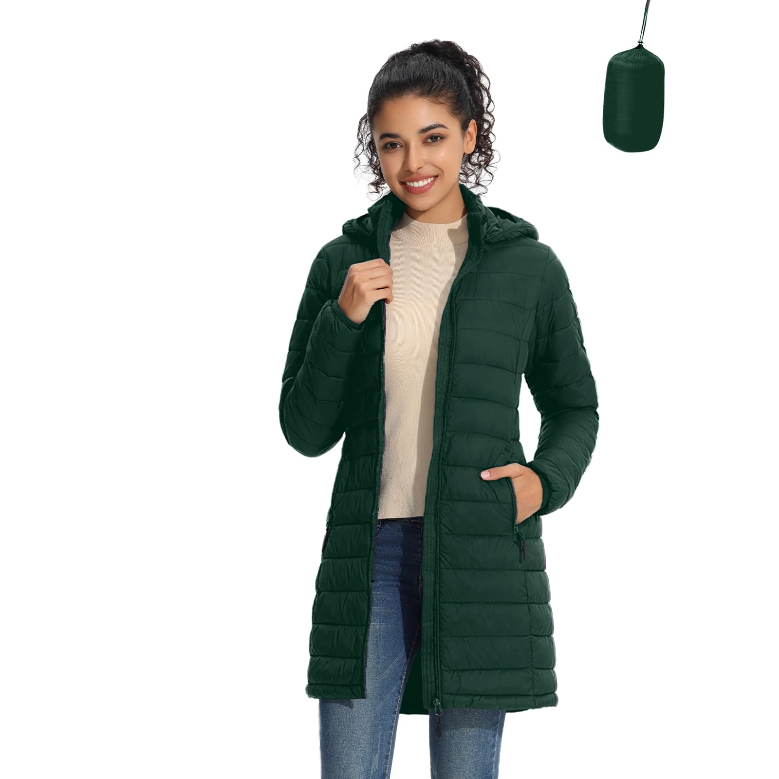 Packable Women Puffer Coat, Lightweight Water-Resistant Puffer Jacket Detachable Hood Slim-Fit Winter Coat for Women
